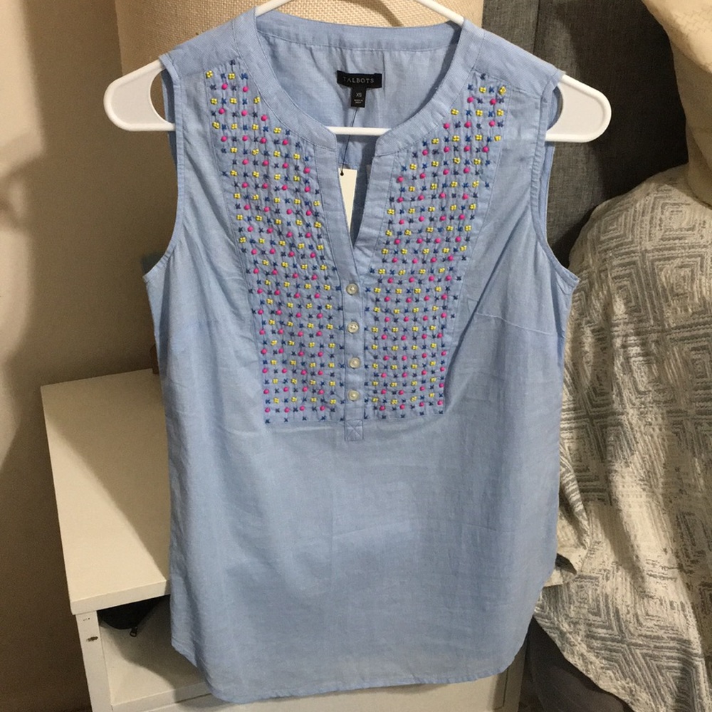 Talbots blue sleeveless blouse